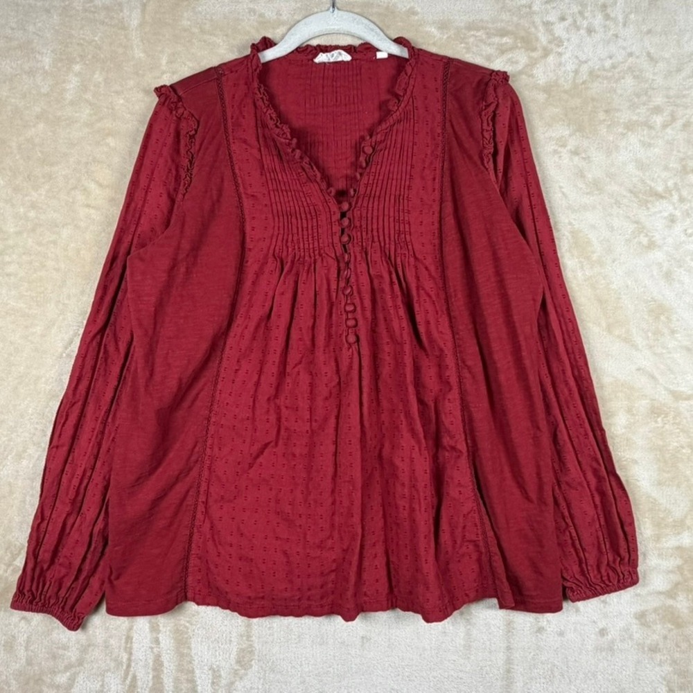 Fat Face Womens Sz 10 Dark Red Dobby Cotton Pintuck Blouse Ruffle V-Neck Top